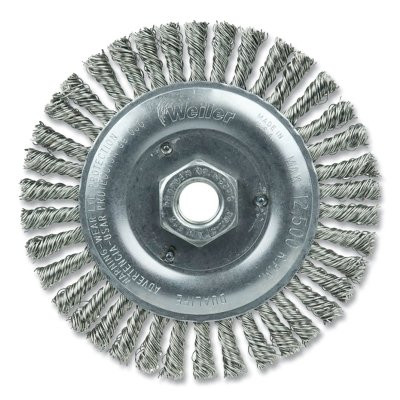 Weiler 08806 Roughneck Stringer Bead Twist Knot Wire Wheel, 5 in dia x 3/16 in W Face, 0.020 in Stainless Steel Wire, 12500 RPM