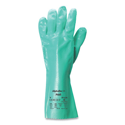 AlphaTec 103714 39-124 14 in Reinforced Nitrile Gloves, Gauntlet Cuff, Interlock Knit Cotton Liner, Size 9, Green