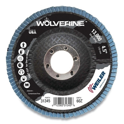Weiler 31345 Wolverine Abrasive Flap Disc 4-1/2 In x 7/8 In Arbor 60 Grit 13000 RPM Type 29