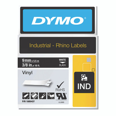 DYMO 1805437 Industrial Rhino Vinyl Label Cartridge, 3/8 in W x 18 ft L, White Print on Black Background