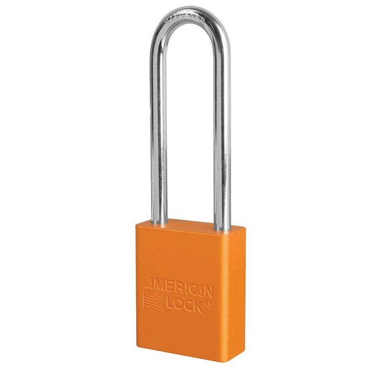 Master Lock Anodized Aluminum Safety Padlock, 1-1/2in (38mm) Wide with 3in (76mm) Tall Shackle, Keyed Alike, Orange