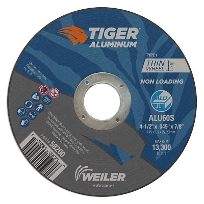 Weiler 58200 Aluminum Cutting Wheel, 4.5 in Diameter, 7/8 in Arbor, Type 1, 60 Grit, AO