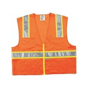 Class 2, Polyester Safety Vest, 3" Lime/2" Silver Stripe, Fluor Orange