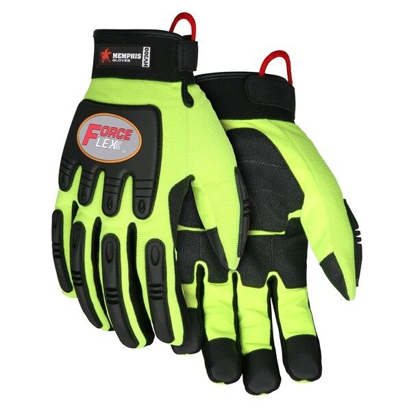 Mechanics Gloves, ForceFlex, 2X-Large, Synthetic, Black/Lime