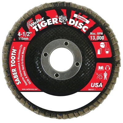 Weiler 50103 Saber Tooth Ceramic Flap Discs, 4 1/2 in, 80 Grit, 7/8 in Arbor, 13,000 rpm