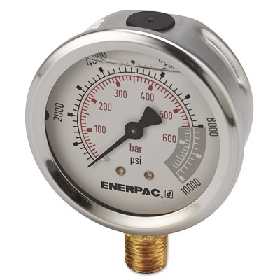 Enerpac G2535L G-Series Glycerin-Filled Hydraulic Pressure Gauge, 10000 psi/700 Bar Max, Stainless Steel, 1/4 in NPTF, Lower, 2.5 in