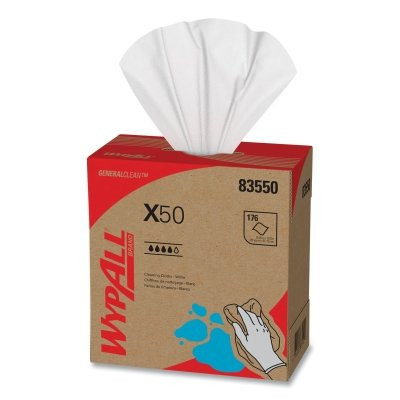 WypAll 83550 X50 Cleaning Cloth, White, 8.34 in W x 12.5 in L, 176 Sheets/BX, Pop-Up Box