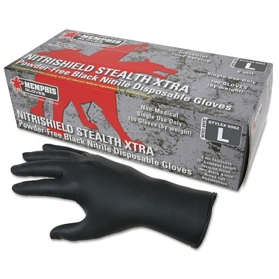MCR Safety 6062L Nitrile Disposable Gloves, NitriShield Stealth Xtra, Rolled Cuff, Unlined, Large, Black, 6 mil Thick