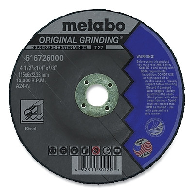 Metabo US616726000 Original Grinding Wheel, T27, A24N, 4-1/2 in dia, 1/2 in Thick, 7/8 in, 13300 RPM, Aluminum Oxide