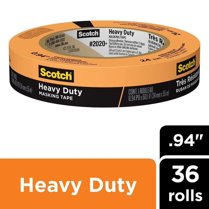 Masking Tape, Type: Heavy Duty; Color: Orange; Width: 0.94 Inch; Length: 60.1 yd; Adhesive Type: Rubber; Adhesiveness: Strong; Removal Time: 3 Day Clean Removal; Pack: 36 Roll/Case