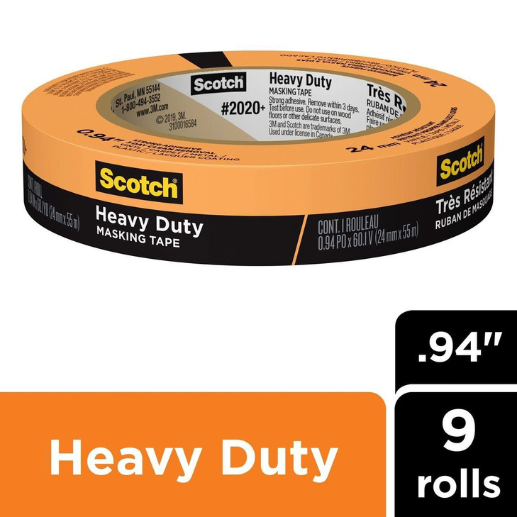 Masking Tape, Type: Heavy Duty; Color: Orange; Width: 0.94 Inch; Length: 60.1 yd; Adhesive Type: Rubber; Adhesiveness: Strong; Removal Time: 3 Day Clean Removal; Pack: 9 Roll/Pack, 4 Pack/Case