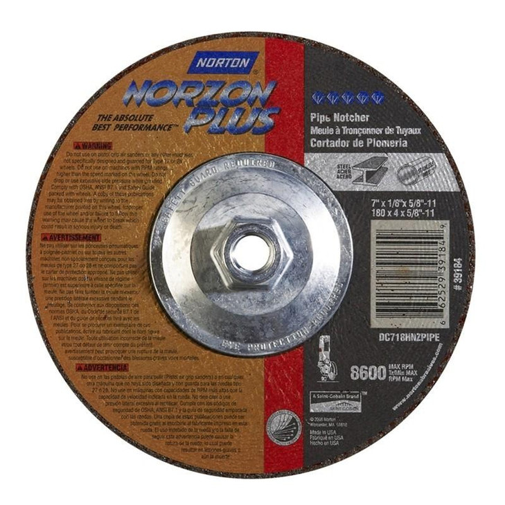 Grinding Wheel, Depressed Center, Type 27 - Metal - NorZon Plus, For Pipe Notching, Size: 7 x 1/8 x 5/8-11, Maximum RPM: 8600