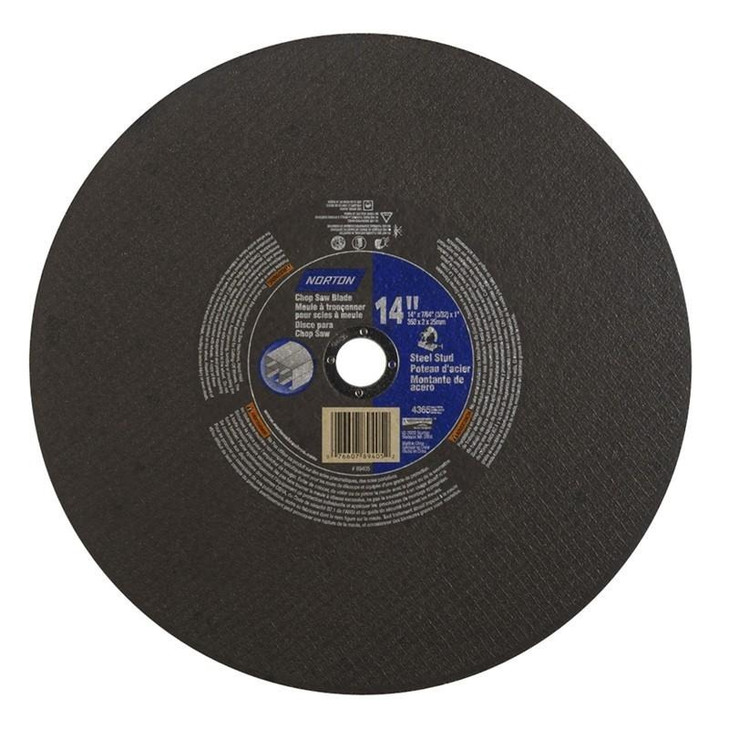 CHOP SAW BLADES, Type 1 -Reinforced - Metal - Aluminum Oxide (Steel Stud), Size: 14 x 7/64 x 1, Maximum RPM: 4365