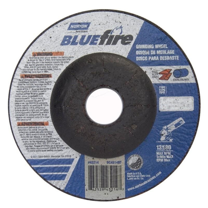 Norton Blue Fire Depressed Center Wheels Type 27 Metal Charger Zirconia Alumina, Size: 4-1/2 x 1/4 x 7/8, RPM: 13580, Packaging Qty: 25 per box Old Part # was 662528-29856, For use w/ SS, Carbon Steel, Alloys & Gray Irons
