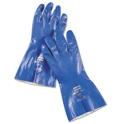 North by PIP NK8038H5 Nitri-Knit Supported Nitrile Gloves, Pinked Cuff, Interlock Lined, Size 8, Blue