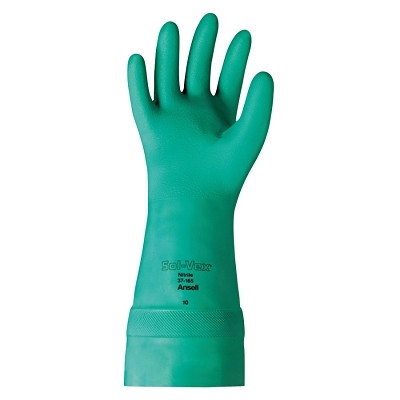AlphaTec 102939 Solvex 37-165 Nitrile Gloves, Gauntlet Cuff, Unlined, Size 9, Green, 22 mil