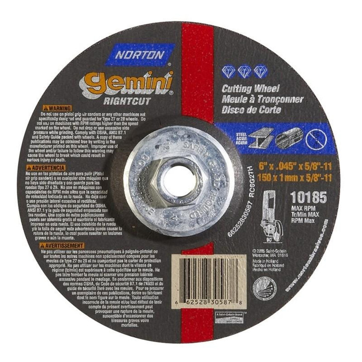 CUT-OFF BLADES, Right Angle Cut-Off Blade Type 27 Metal-Aluminum Oxide, Size: 6 x .045 x 5/8-11, Maximum RPM: 10185