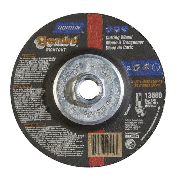 Norton Blue Fire Right Angle Cut-Off Blade, Type 27 Material: Metal-Aluminum Oxide, Size: 4-1/2 x .045 x 5/8-11, Maximum RPM: 13580
