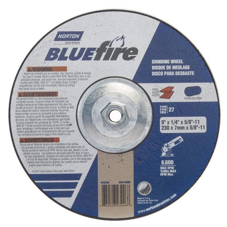 Norton Grinding Wheel, Depressed Center, Type 27 - Metal - Charger Zirconia Alumina, Size: 9 x 1/4 x 5/8-11, Maximum RPM: 6600