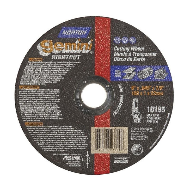 CUT-OFF BLADES, Right Angle Cut-Off Blade Type 1 Metal-Gemini Aluminum Oxide, Size: 6 x .045 x 7.8, Maximum RPM: 10185