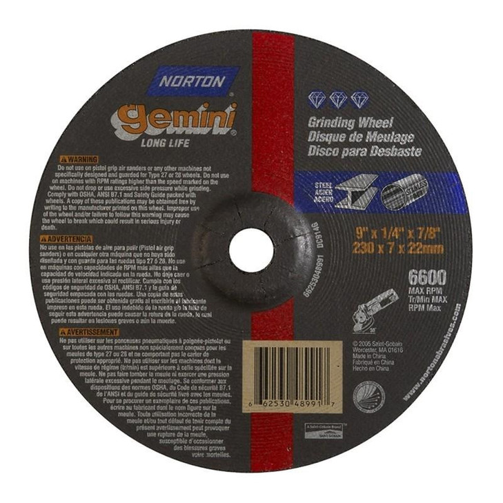 Grinding Wheel, Depressed Center, Type 27 - Metal - Gemini Aluminum Oxide, Size: 9 x 1/4 x 7/8, Maximum RPM: 6600