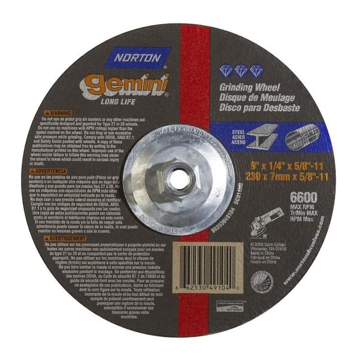 Grinding Wheel, Depressed Center, Type 27 - Metal - Gemini Aluminum Oxide, Size: 9 x 1/4 x 5/8-11, Maximum RPM: 6600