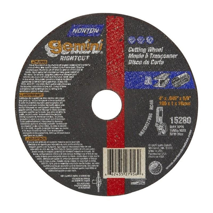 CUT-OFF BLADES, Right Angle Cut-Off Blade Type 1 Metal-Gemini Aluminum Oxide, Size: 4 x .040 x 5/8, Maximum RPM: 15280