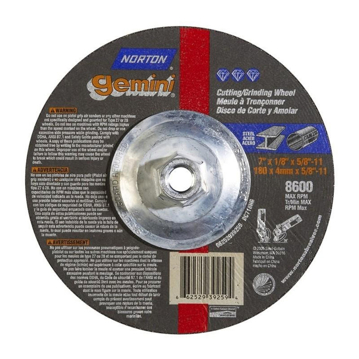 Grinding Wheel, Depressed Center, Type 27 - Metal - Gemini Aluminum Oxide, Size: 7 x 1/8 x 5/8-11, Maximum RPM: 8600