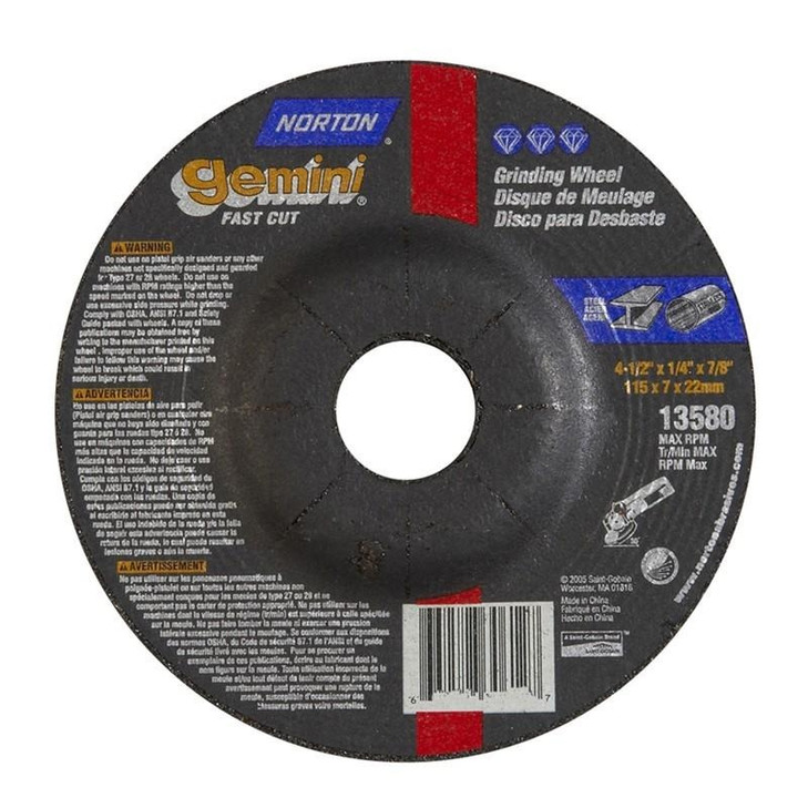 NORTON Gemini Depressed Center Grinding Wheel Fast Cut, Type 27, A24S Size: 4-1/2 X 1/4 X 7/8, Mineral: Aluminum Oxide, RPM:13580, Packaging Qty: 25 per box, Recommended use with steel, ferrous metals, and aluminum