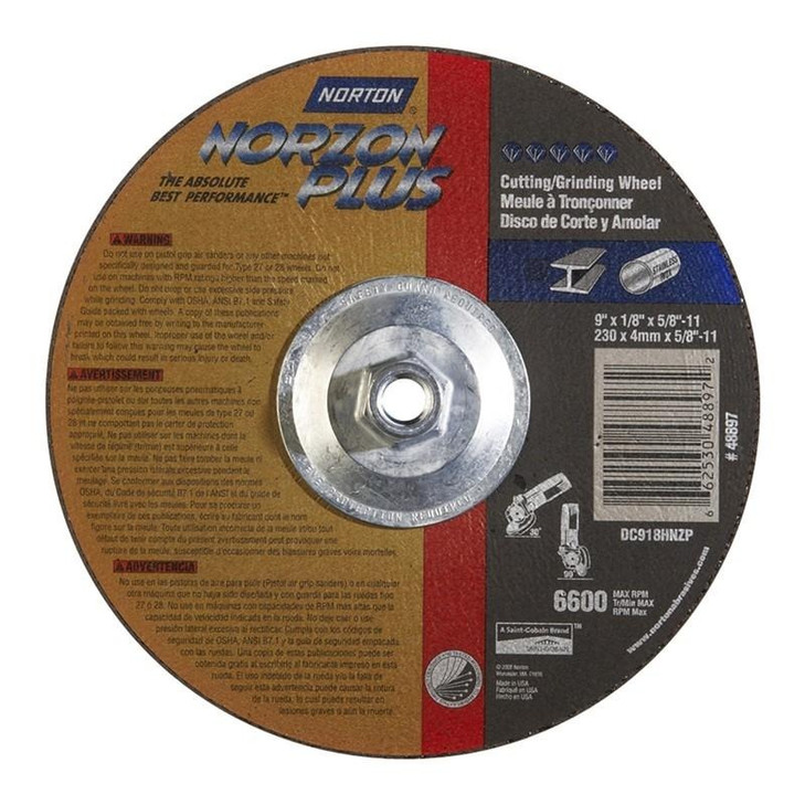 Depressed Center Wheels Type 27 - For Light Grinding and Cutting, Size: 9 x 1/8 x 5/8-11, RPM: 6600, Packaging: 10 per box