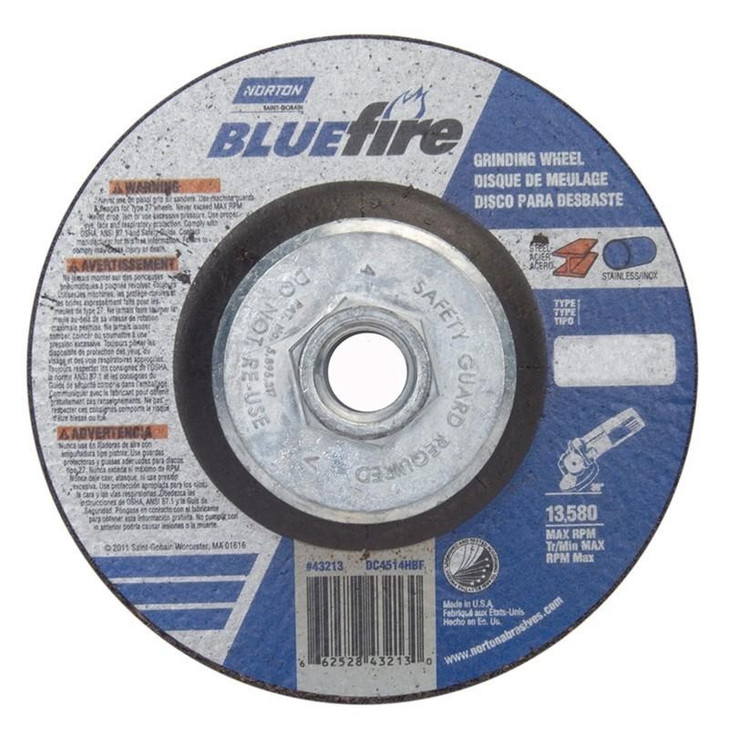 Norton Depressed Center Wheels, Model: Type 27, Material: Zirc Alum, Size: 4-1/2 x 1/4 x 5/8-11, RPM: 13580, Packaging Qty: 20 per case