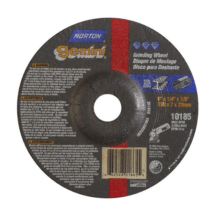 Grinding Wheel, Depressed Center, Type 27 - Metal - Gemini Aluminum Oxide, Size: 6 x 1/4 x 7/8, Maximum RPM: 10185