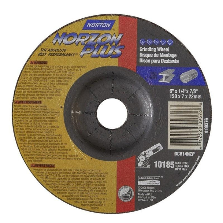 Grinding Wheel, Depressed Center, Type 27 - Metal - NorZon Plus, For Grinding, Size: 6 x 1/4 x 7/8, Maximum RPM: 10185