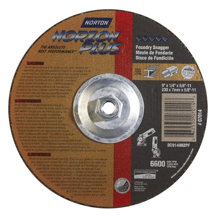 Grinding Wheel, Depressed Center, Type 27 - Metal - NorZon Plus, For Foundry Applications, Size: 9 x 1/4 x 5/8-11, Maximum RPM: 6600