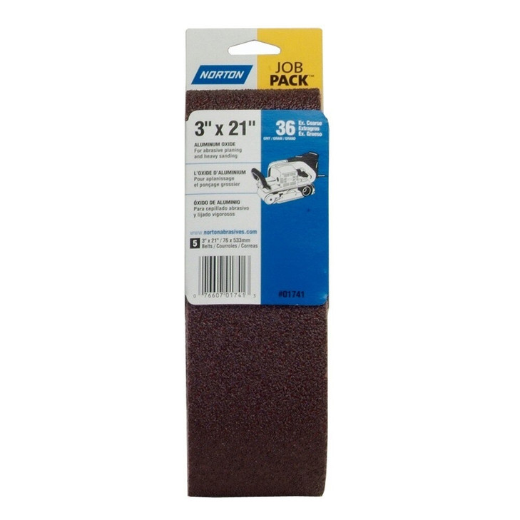 Portable Belts - Aluminum Oxide Job Pack, Grit: 36 Extra Coarse, Size: 3"x21", Packaging Qty: 5 per pack/5 packs per case