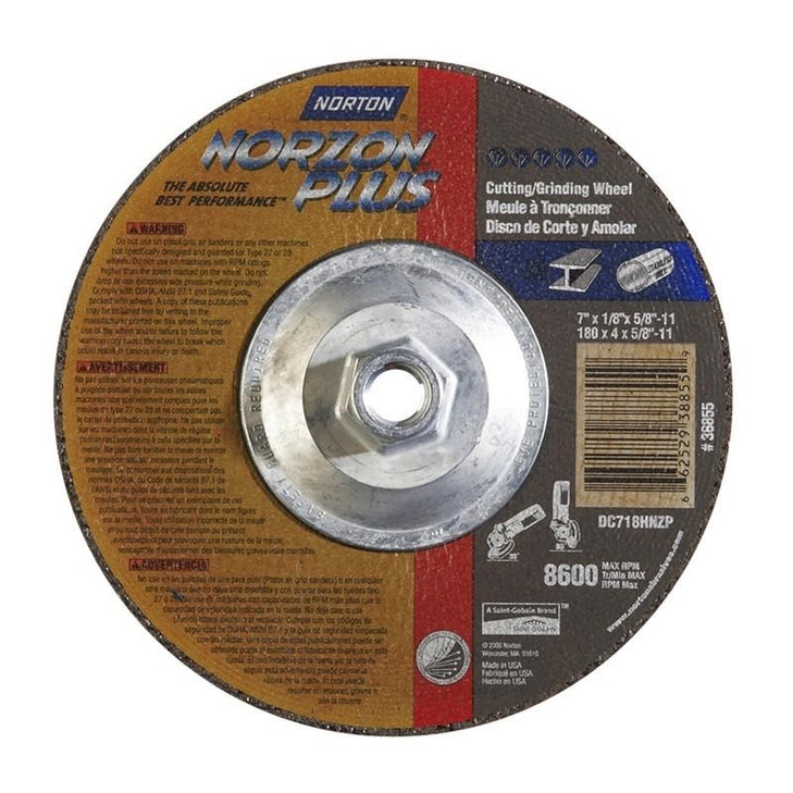 Depressed Center Wheels Type 27 - For Light Grinding and Cutting Size: 7 x 1/8 x 5/8-11, RPM: 8600, Packaging Qty: 10 per box