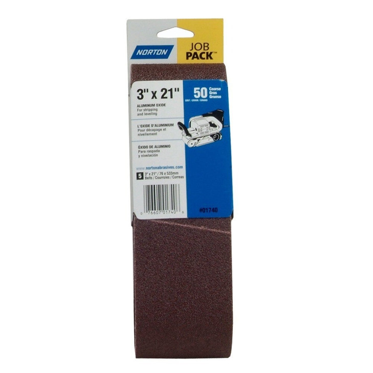 Portable Belts - Aluminum Oxide Job Pack, Grit: 50 Coarse, Size: 3"x21", Packaging Qty: 5 per pack/5 packs per case