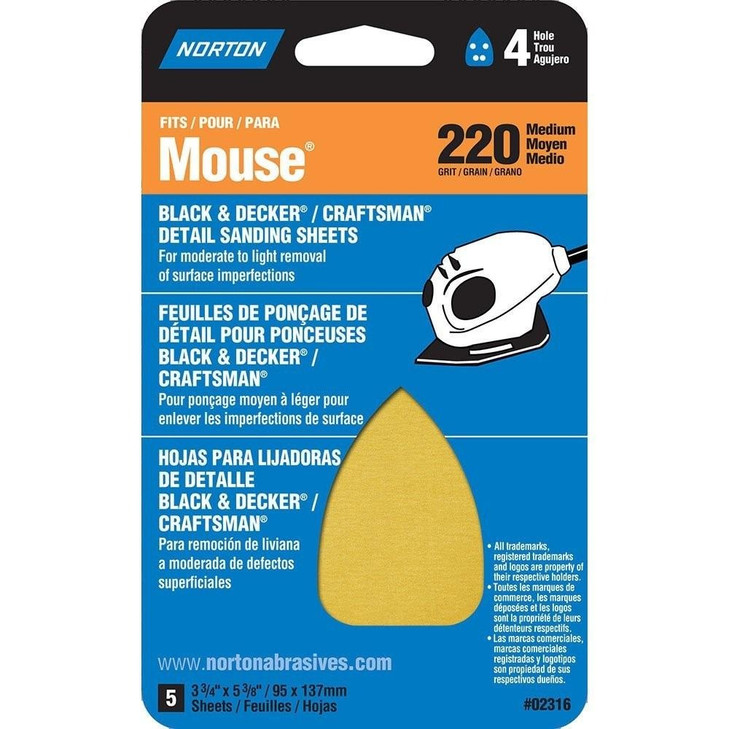 DETAIL/PROFILE For Black & Decker/Craftsman Mouse Sander, Size: 3"x7" Iron Shape Sheets, Type: Very Fine, GRIT: 220, Packaging Qty: 5