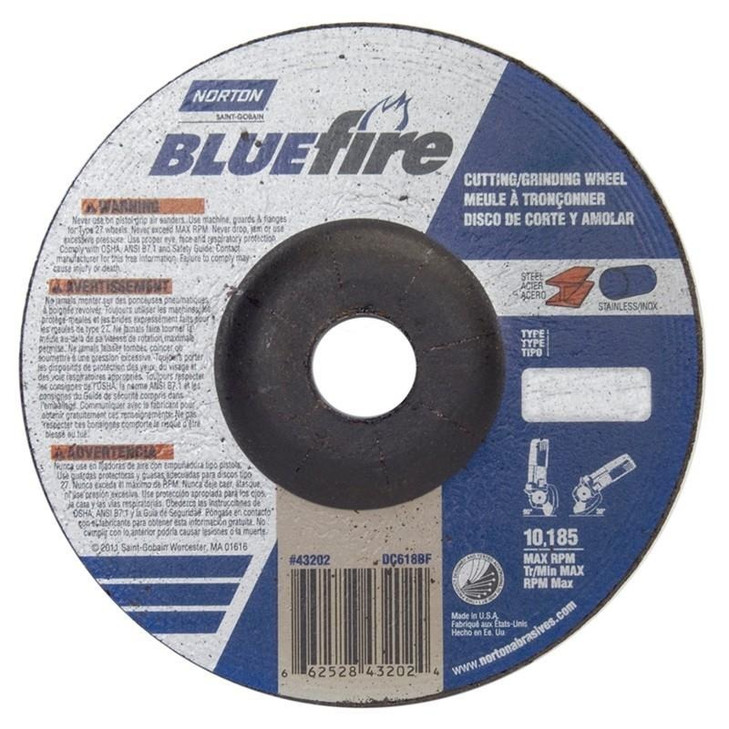 Norton Depressed Center Wheels, Model: Type 27, Material: Blue Fire Zirconium Aluminum Oxide, Grit: 24 - Very Coarse, Size: 6" x 1/8"  x 7/8, RPM: 10185, Packaging Qty: 1 per each - 20 per case