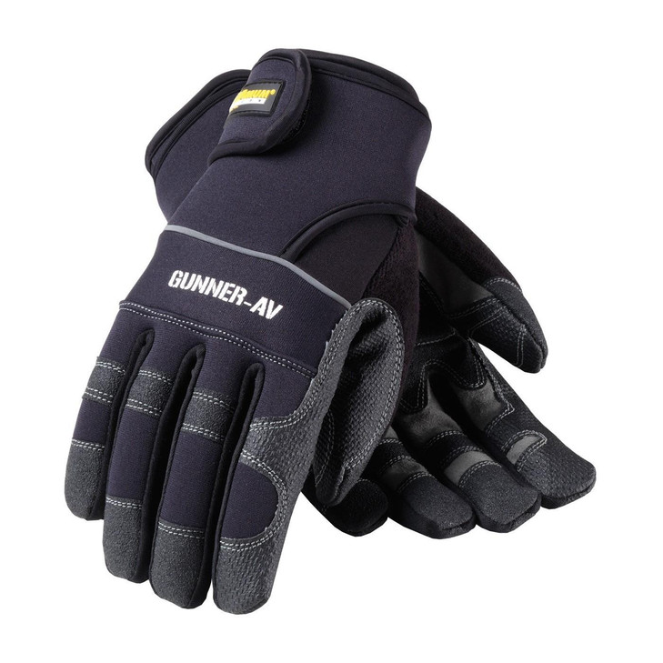 PIP MAXIMUM SAFETY, GUNNER AV, PROFESSIONAL WORKMANS GLOVE, GREY SYNTHETIC LEATHER, HD BLACK PVC REINFORCED PALM & BACK, NEOPRENE, Size Large, Case Qty.: 72 Pair