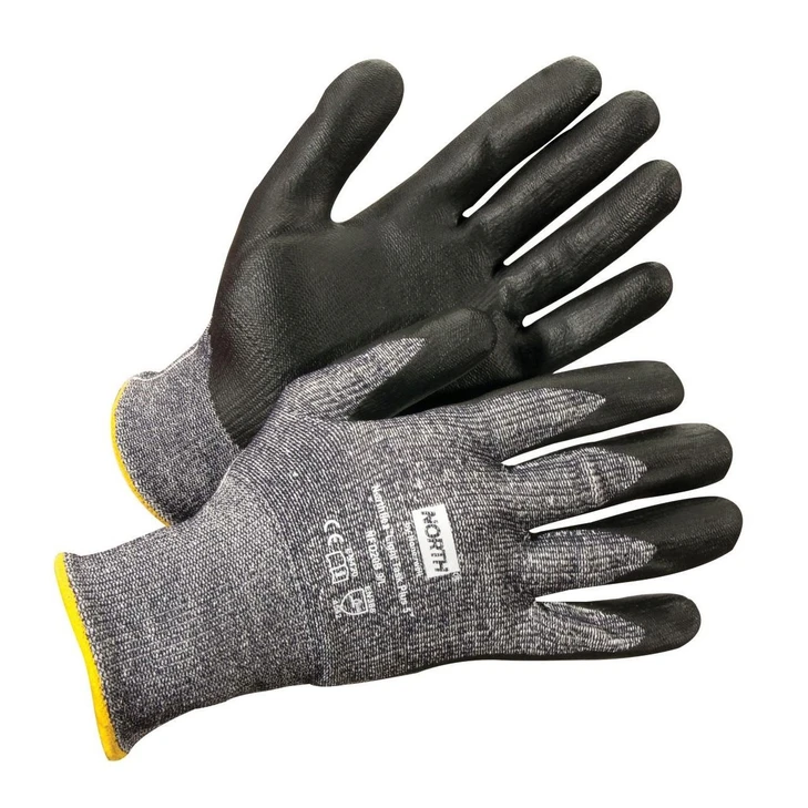 NorthFlex Light Task Plus 5 - Dark Blue Dyneema seamless liner with black bi-polymer (PU/Nitrile) palm coating, knit wrist. CE cut level 5. Available in sizes 7S, 8M, 9L, 10XL, 11XXL. 12 pairs per bag, 4 bags per case (48 pairs/case).