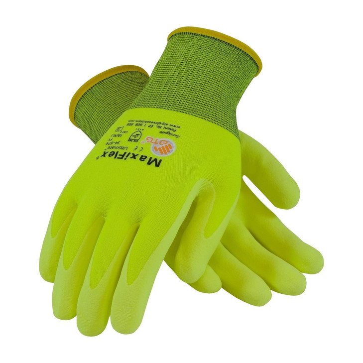 PIP G-TEK MAXIFLEX ULTIMATE, FLUORESCENT YELLOW MICRO-FOAM NITRILE COATED PALM & FINGER TIPS, YELLOW SEAMLESS KNIT NYLON LINER, Size Large, Case Qty.: 12 Dozen