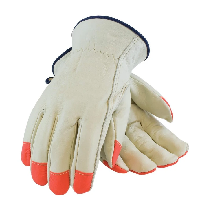 PIP TOP GRAIN COWHIDE DRIVERS', KEYSTONE THUMB, REGULAR GRADE, HI VIS FINGER TIPS, SIZE LARGE , Size Large, Case Qty.: 10 Dozen