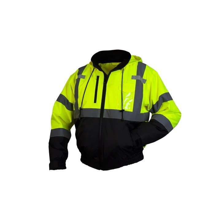 Pyramex Jacket , Bomber Type , Hi-Vis Lime/Black Color , Extra Large Size , Polyester Material , Fleece Lining , Zipper Front Closure Type , 8 Pocket , Detachable Hood Type , ANSI/ISEA 107 - 2010 / Class 3 Level 2 Standards