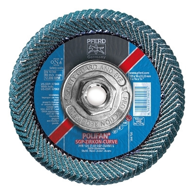 Pferd 67363 Polifan Curve Flap Disc 5 Inch x 5/8 Inch to 11 40 Grit Zirconia 12200 RPM T29 Large Radius