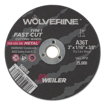 Weiler 56068 Wolverine Cut-Off Wheel, Type 1, AO, 3 in dia x 3/8 in AH x 1/16 in Thick, 36T, 1 EA/EA
