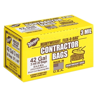 Warp Brothers HBP42-20-R FLEX-O-BAG Contractor Bag, 42 gal, 3 mil Thick, 33 in W x 48 in H, Black