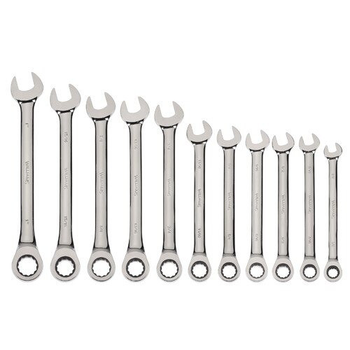 Williams Combination Ratcheting 11 Piece Wrench Set, Sizes: 3/8" to 1", High Polish Chrome Finish, SAE, 12 point, Includes Pouch