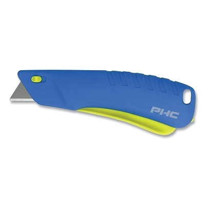 Pacific Handy Cutter E12209-4 Rebel Safety Knife, 5-1/2 in L, Auto-Retracting Blade, Carbon Steel, Plastic Handle, Blue/Green