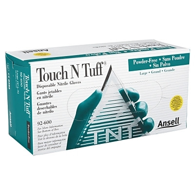 TouchNTuff 92-600 Powder-Free Disposable Nitrile Gloves Smooth 4.9-Mil Palm/5.5-Mil Fingers Size Large (8.5-9) Green Single Box